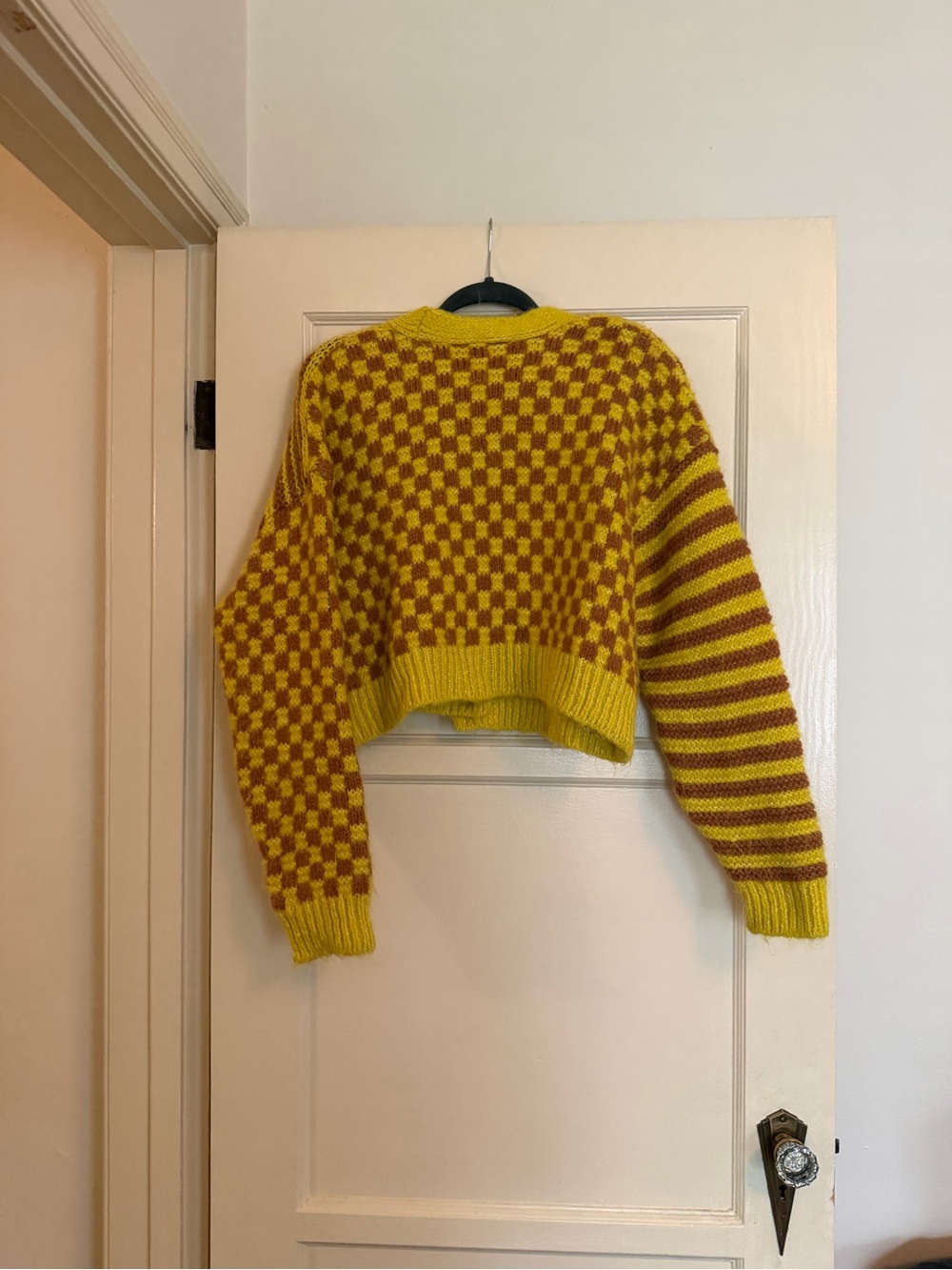 Zara Yellow and Brown Cropped V-Neck Button Cardigan Sweater Size S - Picture 5 of 6